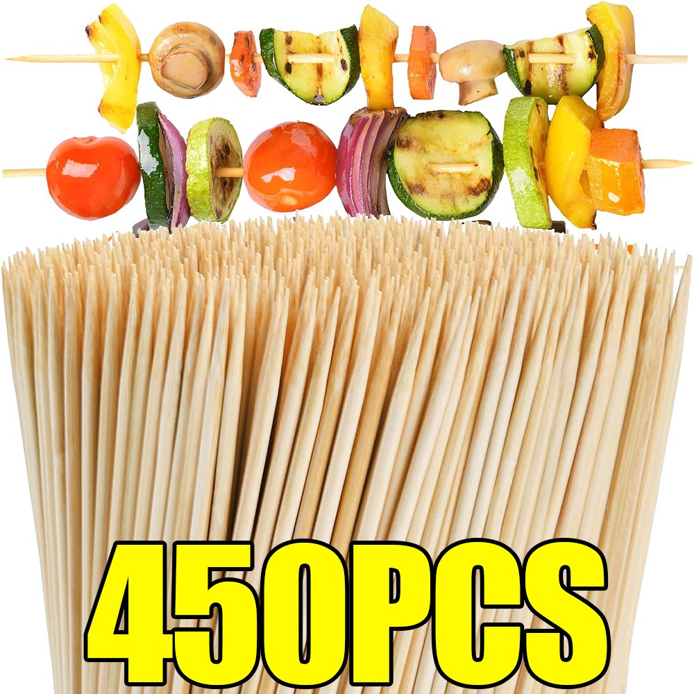 90/450pcs Bamboo Stick Food Grade Bamboo Skewer Sticks Disposable Natural Wood Long Stick Barbecue Fruit BBQ Tools 15/20/25/30cm