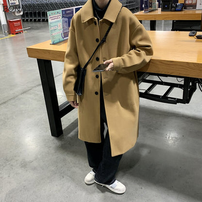 Blends Men X-long Autumn Winter Korean Style Trendy Loose Overcoats Solid Handsome All-match College Harajuku Clothing Mid-calf