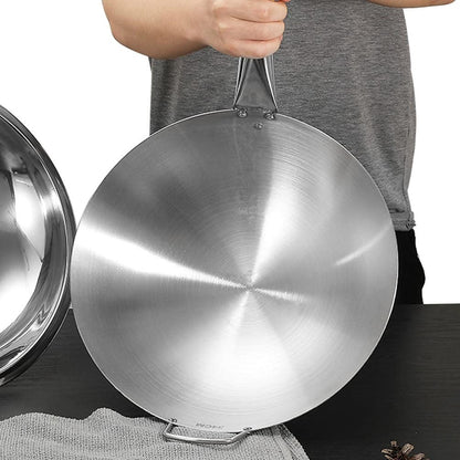 Wok de Aço Inoxidável com Cabo de Faia Anti-Queimadura Fundo Redondo Utensílio de Cozinha para Fogões a Gás 32cm