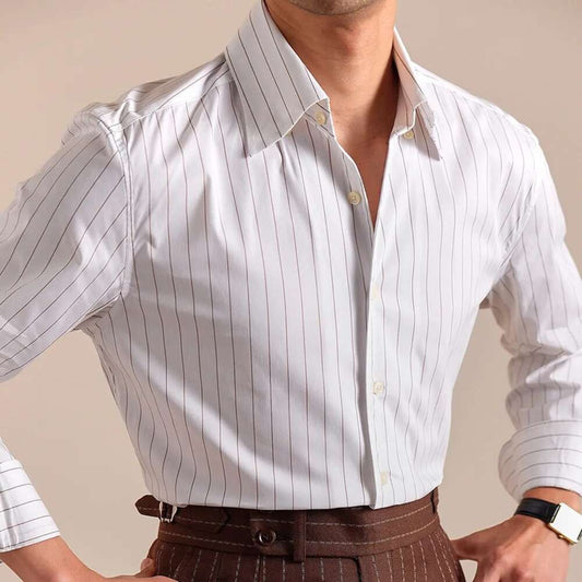 Cotton Blend Striped Casual Italian Style One Piece Collar Long Sleeved Shirt Men High Count Cotton Gentleman Business Shirt Men