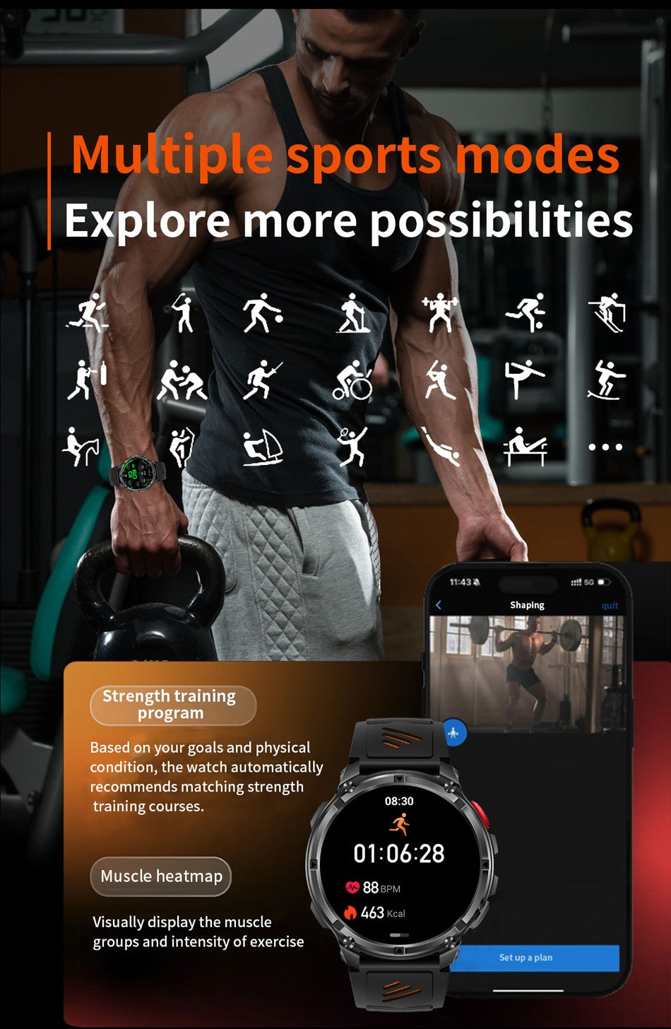 Relógio Inteligente Militar para Homens, Bateria de 1100mAh, Bússola, Monitor de Fitness, Tela AMOLED HD, Chamada BT, Smartwatch para Android IOS