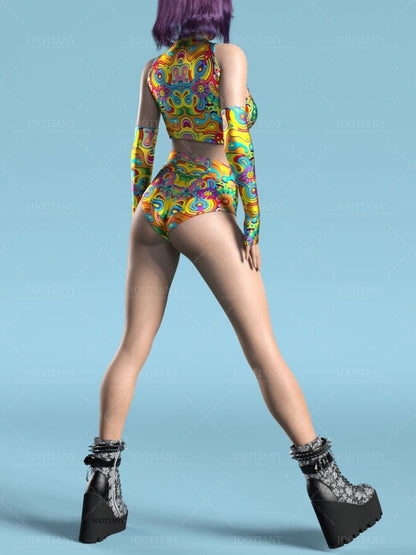 Adult Summer Role Play Bodysuit Women Sexy Hollow Sleeveless Blue Graffiti Art Swimsuit Carnival Party Stage Performance Clothes