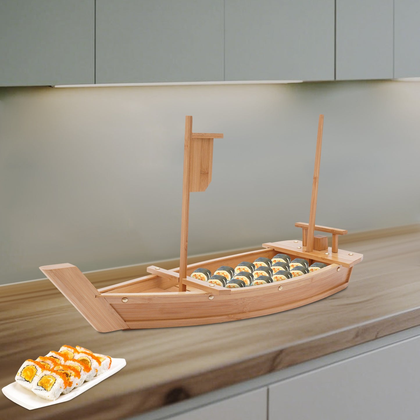 28in Bamboo Sushi Boat Serving Tray, 70cm Log Color Assembly Required Sushi Boat Serving Tray for Business or Personal Parties