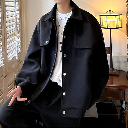 Winter Short Woolen Coat Men Warm Retro Thickened Woolen Jacket Men Streetwear Korean Loose Woolen Coat Mens Oversized Overcoat