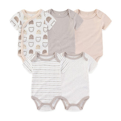 Unisex Bodysuits 4/5PCS Cotton Newborn Baby Girl Clothes Set Short Sleeve Print Baby Boy Clothes Summer Solid Color Bebes