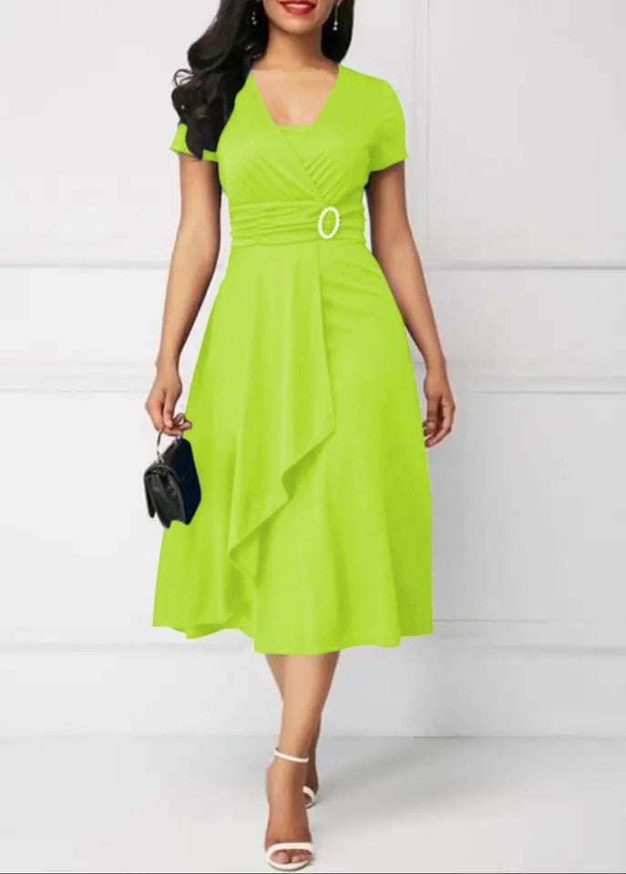 Summer Dresses Elegant Women Solid Color Short Sleeve V Neck Asymmetric Hem Wais