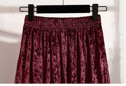 Plus Size Plus Size Women's Velvet Pleated A- Line Midi Skirt Autumn Winter Slimming Half-length Versatile Fashionable Commut...