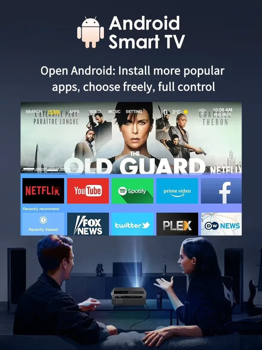 Projetor 4K com foco automático 3500 ANSI, Wi-Fi 2.4+5G, Bluetooth, Full HD 1080P, HDR, Android TV, para filmes, vídeos e home theater durante o dia