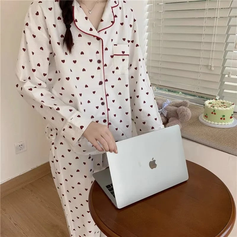 M-XXL Large Size Nightwear Women Sleepwear Autumn and Winter Cardigan Home Wear Peach Heart Long Sleeves School Silk Pajamas