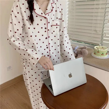 M-XXL Large Size Nightwear Women Sleepwear Autumn and Winter Cardigan Home Wear Peach Heart Long Sleeves School Silk Pajamas