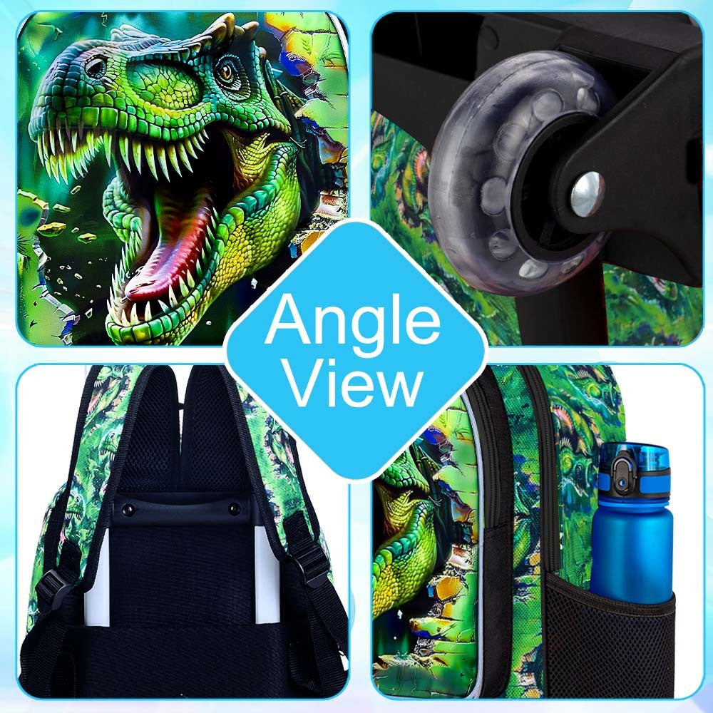 3Pcs Dinosaur Rolling Backpack for Boys, Kids School Backpacks with Wheels, Roller Bookbag for Elementary Preschool(Green)