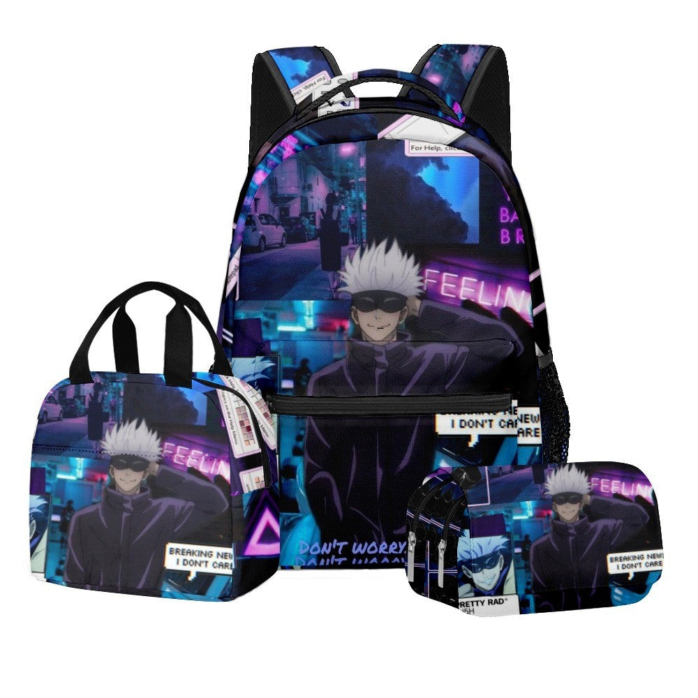 Anime Estampa Digital Jujutsu Kaisen Conjunto Escolar Mochila Grande Capacidade Lancheira Estojo de Lápis 2 Camadas 3 Peças Presente para Menino