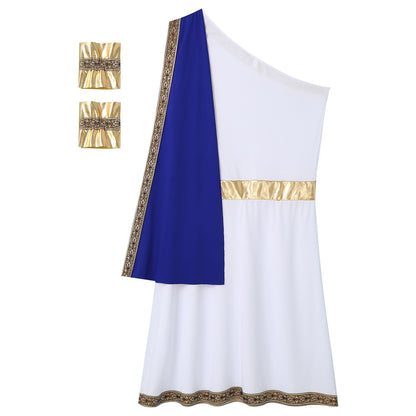Mens Ancient Greek Toga Roman King Prince Cosplay Costume Halloween One Shoulder Embroidered Robe Dress Theme Party Outfits