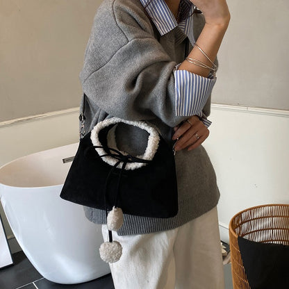 Faux Suede Solid Color Bow Hairy Cute Women's Handbags Christmas Gift Giving Fashion Bags 2025 Autumn/winter New Shoulder Bags