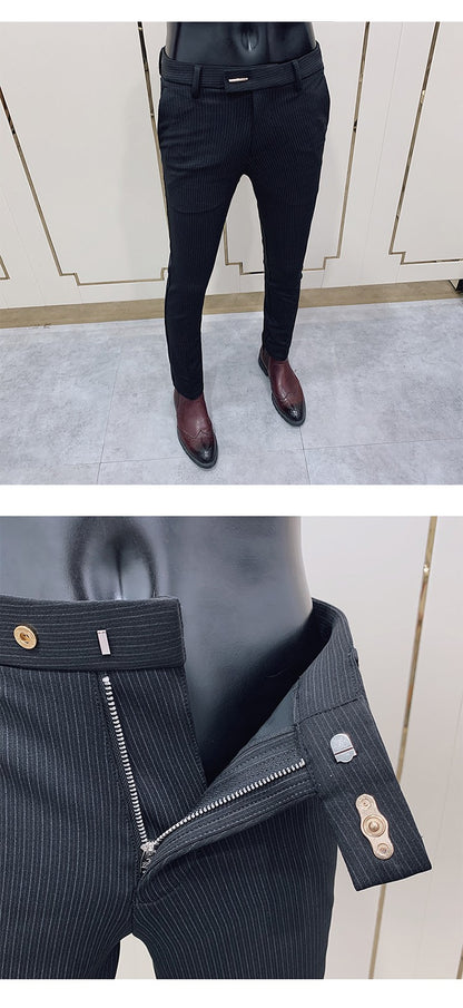 Calça Social Listrada Masculina Slim Fit com Tornozelo Justo Calça Social Masculina para Escritório e Festa Calça Social Masculina para Negócios Slim Fit