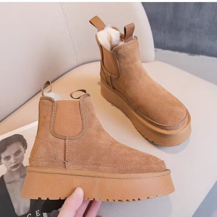 2024 Winter New Leather Thick Sole Chelsea Snow Boots Women's Fashion All-in-one Thick Fleece Warm Snow Cotton Shoes