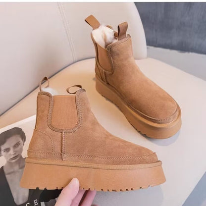 2024 Winter New Leather Thick Sole Chelsea Snow Boots Women's Fashion All-in-one Thick Fleece Warm Snow Cotton Shoes