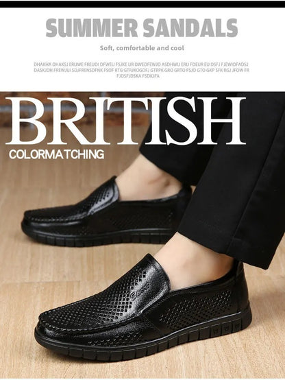 Plus Size Breathable Hollow Out Leather Sandals For Men Summer Comfortable Slip-Ons With Gap Between The Shoes And The Ground