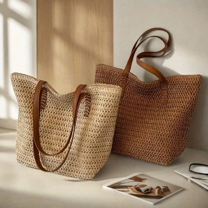Fashionable and Versatile Women's Woven Bag with Zipper for Travel, Large Capacity Beach Bag, Handbag