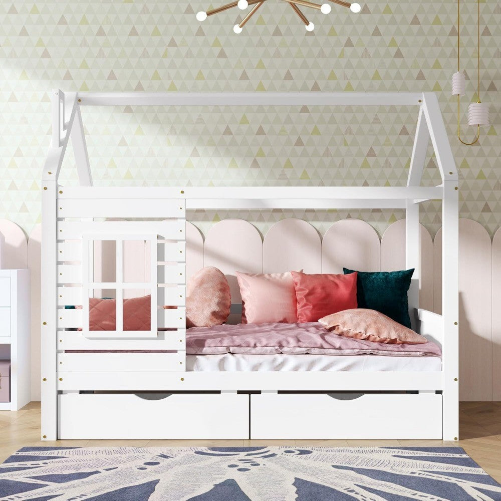 Cama Infantil Aoowow com Cama de Casa de Tamanho de Solteiro e 2 Gavetas, Estrutura de Cama de Madeira de Solteiro com Janela e Telhado para Quarto, Cama Infantil de Tamanho de Solteiro Moderna Pla