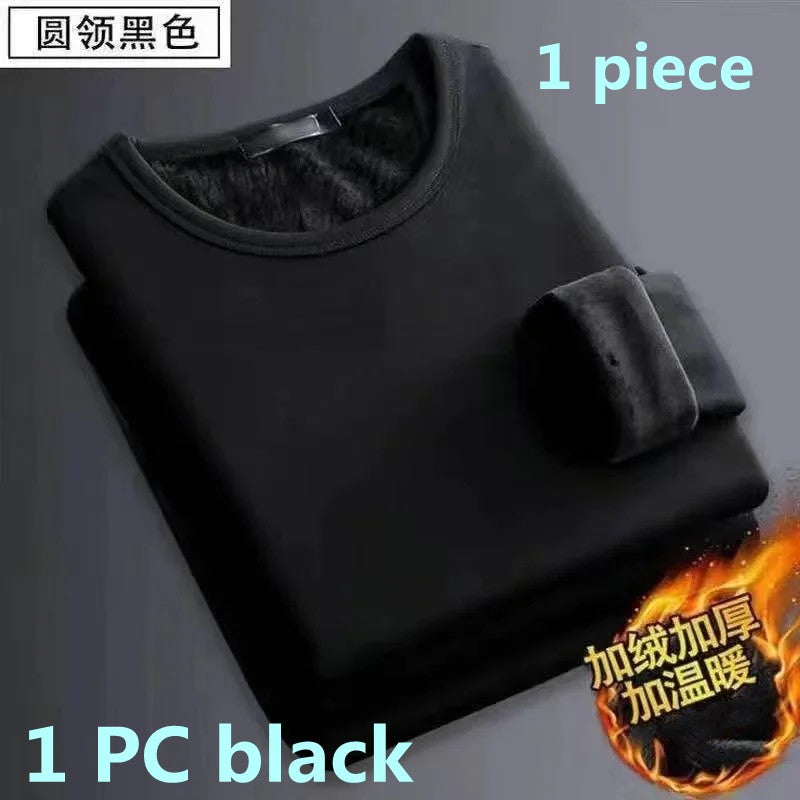 2PCS Men's Underwear Winter Long-sleeved Thermal Underwear Plus Velvet Padded T-shirt O-Neck Solid Color Slim Bottoming Shirt