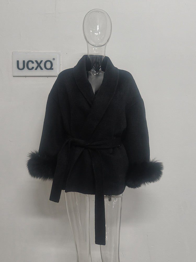 UCXQ Casaco Feminino Elegante OL para Escritório com Retalhos de Pelo Manga Comprida Lã Jaqueta de Roupa Feminina Bonita Outono Inverno 2025