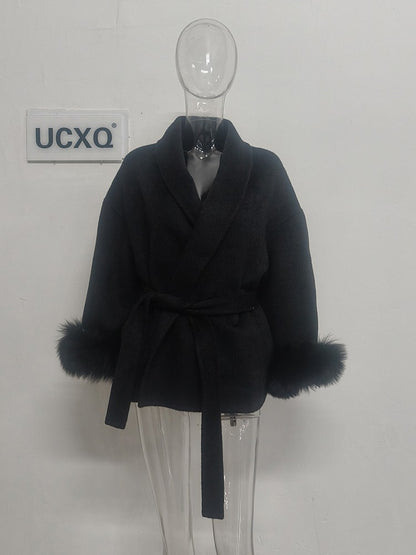 UCXQ Casaco Feminino Elegante OL para Escritório com Retalhos de Pelo Manga Comprida Lã Jaqueta de Roupa Feminina Bonita Outono Inverno 2025
