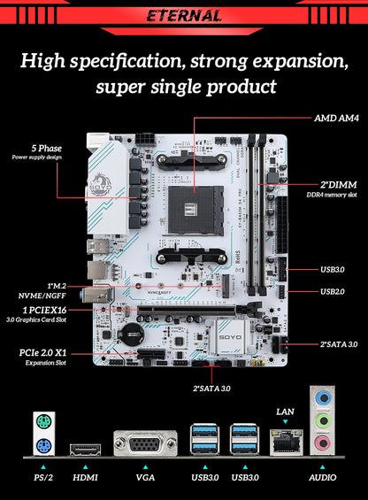 Placa-mãe SOYO Nova AMD B450M Memória DDR4 de canal duplo Placa-mãe AM4 PCI-E 3.0 NVME (suporta CPUs Ryzen 1000-5000 5600 5600G)
