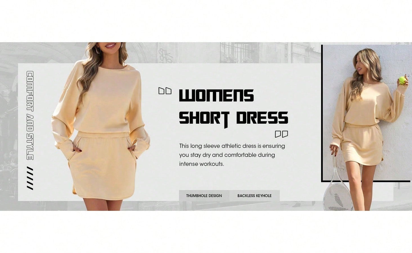 Sexy Women Long Sleeve Active Dress Mid-Calf Elastic Waist Pleated Backless Keyhole Workout Dress With Built In Shorts