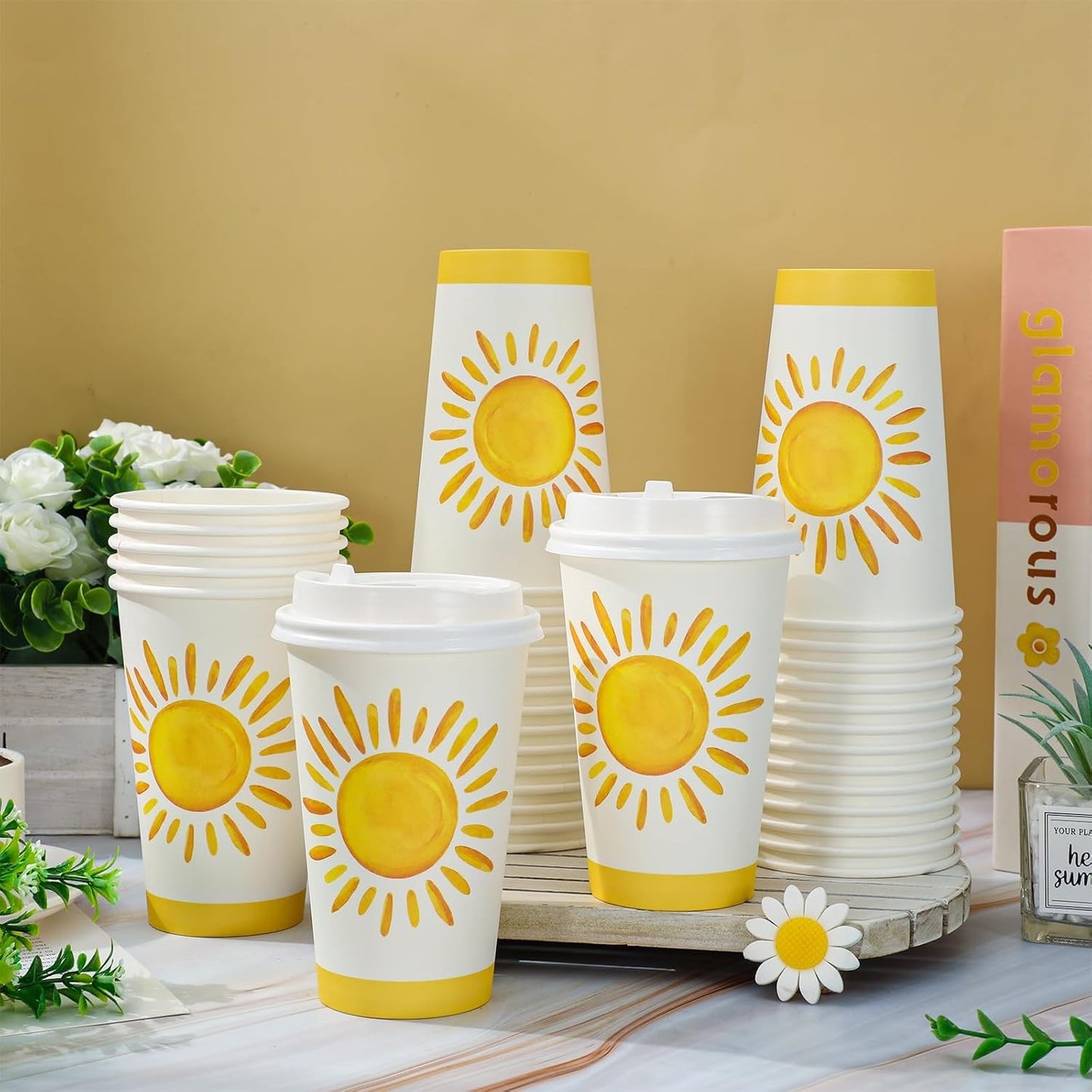 50 Conjuntos de Copos de Café Boho Sol com Tampa 16oz Copos de Papel Amarelos Sunshine First Trip Around The Sun Descartáveis Para Viagem