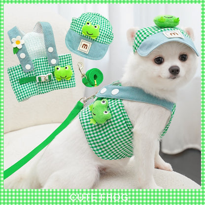 Conjunto de Coleira, Arnês e Chapéu de Sol para Animais de Estimação - Desenho Animado, Gato Fofo, Fantasia de Cachorro, Colete, Corda e Boné para Gatos e Cães Pequenos, 3 Peças, Artigos para Animais de Estimação ao Ar Livre