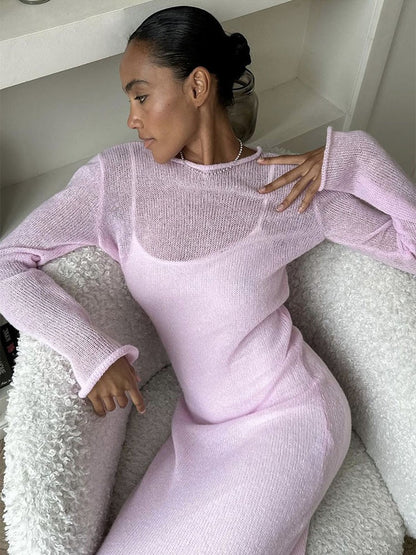 Spring Autumn O-Neck Elastic Knit Long Dresses Women 2024 Elegant Chic Soft Lady