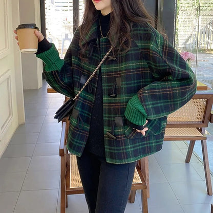 Korean Loose Slim Short Jacket Female Outerwear New Lattice Woolen Coat Women Spring Autumn Bat Sleeves Cowhorn Button Wool Coat