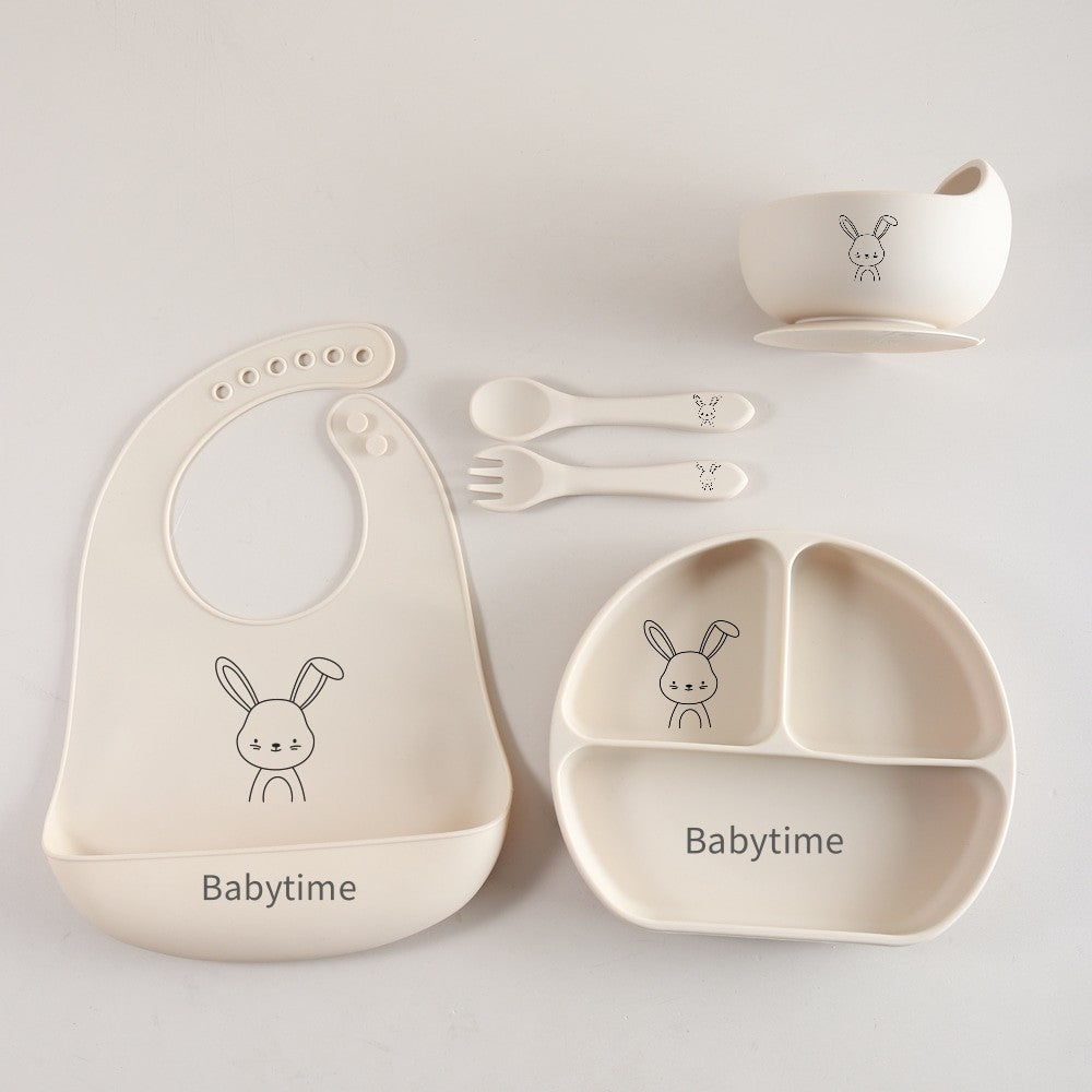 5pcs Bunny Baby Utensils Set, Food Grade Silicone Weaning Set with Bib, Suction Plate, Bowl, Spoon & Fork gift set