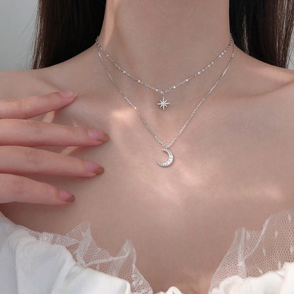 Colar de Prata 925 Feminino Camada Dupla Zircônia Estrela Lua Pingente Colar Delicado Corrente Charmosa Joia Elegante Presente da Moda