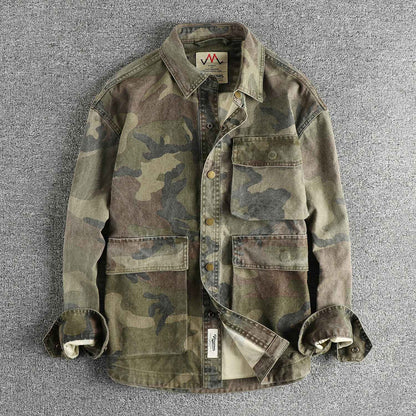 2024 Autumn New American Retro Woven Camouflage Cargo Shirt Men's Fashion 100% Cotton Washed Multi-pocket Casual Thin Jacket