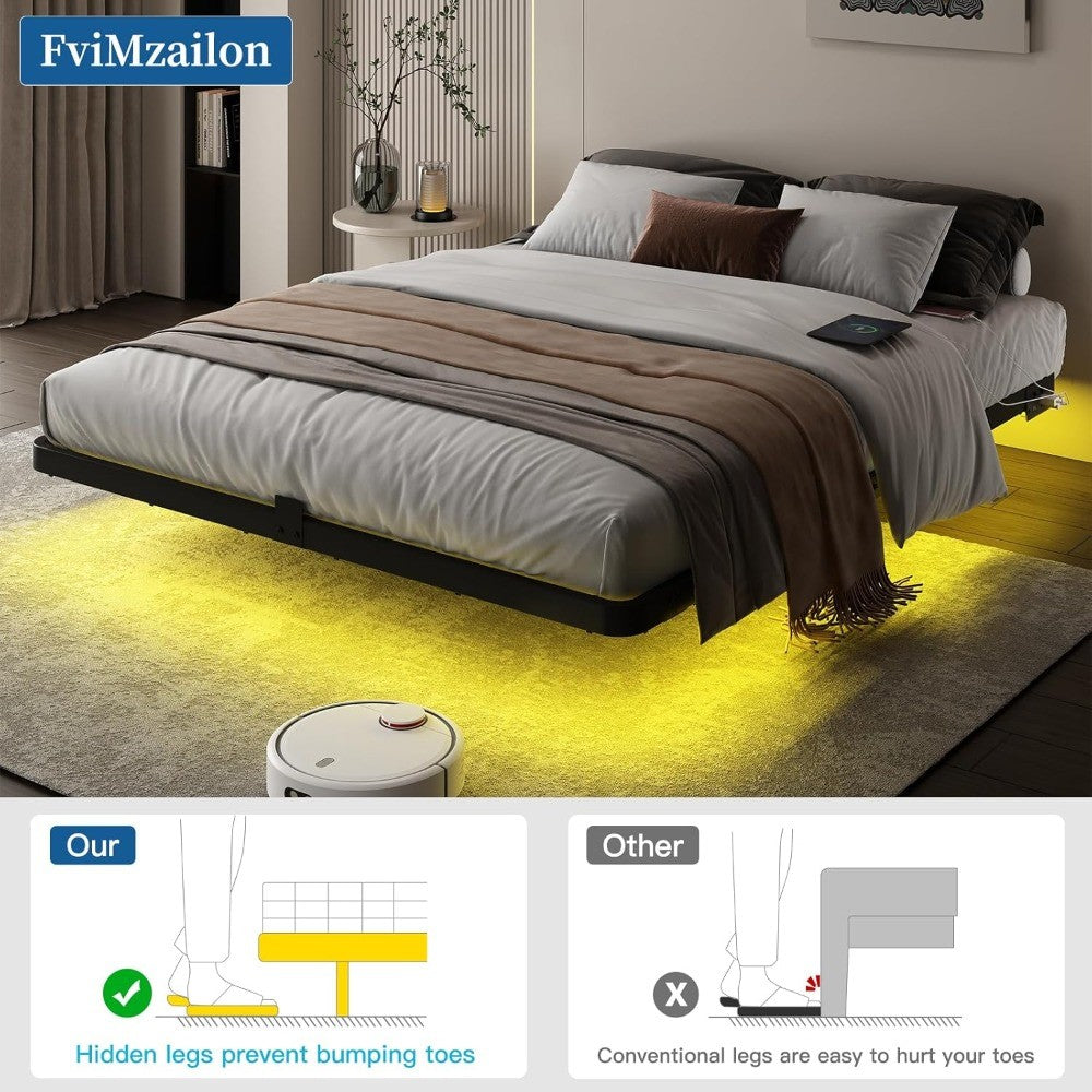 Cama Queen Size Suspensa - Estrutura de Cama de Plataforma de Metal com Luzes LED Inteligentes e Estação de Carregamento, Não Precisa de Box, Fácil Montagem