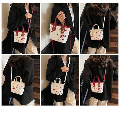 Women PU Cherry Shoulder Bag Large Capacity Trendy Commuting Bag with Cherry Pendant Stylish Crossbody Bag Aesthetic Handbag