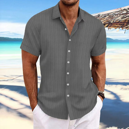 New Men's Cotton and Linen Striped Jacquard Casual Loose Short-sleeved Shirt