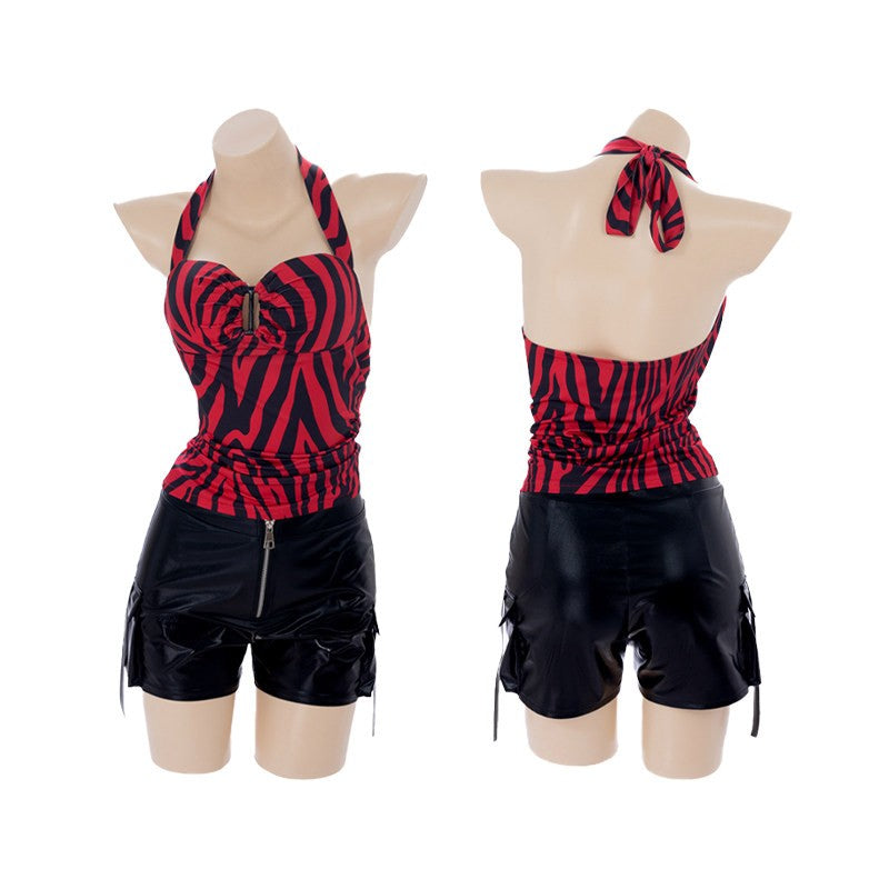 Infatuated with Nikki cosplay costume zebra print backless top faux leather workwear shorts punk street style Halloween carnival