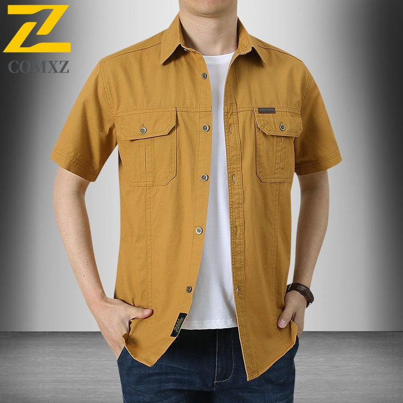 Summer Cargo Shirt Men's Casual Retro Cotton Pocket Short Sleeve Coat plus size Outdoor Camping Fishing Sweat Absorbing Shirt