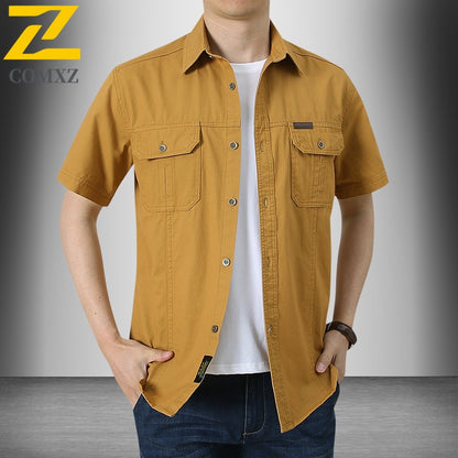 Summer Cargo Shirt Men's Casual Retro Cotton Pocket Short Sleeve Coat plus size Outdoor Camping Fishing Sweat Absorbing Shirt