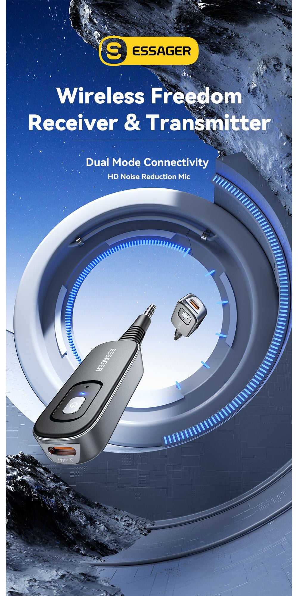 Essager 2-in-1 Bluetooth Audio Receiver Transmitter Wireless Bluetooth 5.1 3.5mm AUX Audio Adapter Stereo for Earphones TV Car