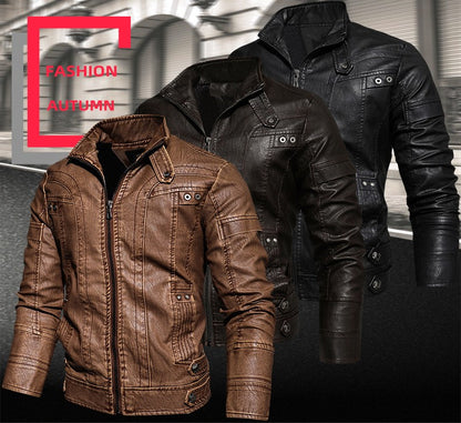 Autumn Winter New Fashion Men's Solid Color Simple Basic Casual Trendy Stand Collar Zipper Faux Leather Coats Male Jackets Tops