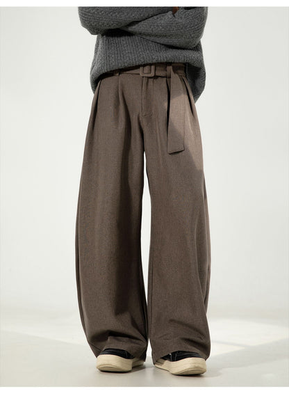 Men's Pleated Drape Curved-Leg Trousers Loose-Fit Straight-Leg Pants Retro-Style Belted Casual Pants