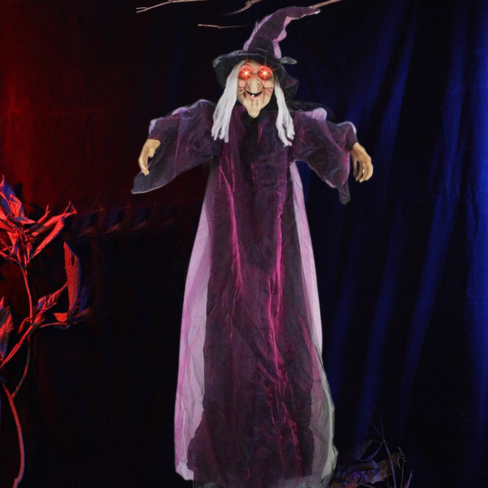 Bruxa Falante em Tamanho Real de Halloween Roxo Assustador Decoração Gritante Controlada por Voz com Olhos Brilhantes