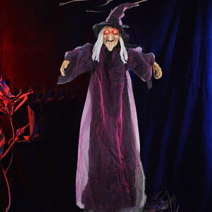Bruxa Falante em Tamanho Real de Halloween Roxo Assustador Decoração Gritante Controlada por Voz com Olhos Brilhantes