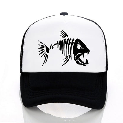 Boné de Beisebol com Ossos de Peixe Crânio Chapéu de Pesca ao Ar Livre Masculino Boné de Malha Respirável de Verão para Entusiastas da Pesca, Bonés Snapback Ajustáveis