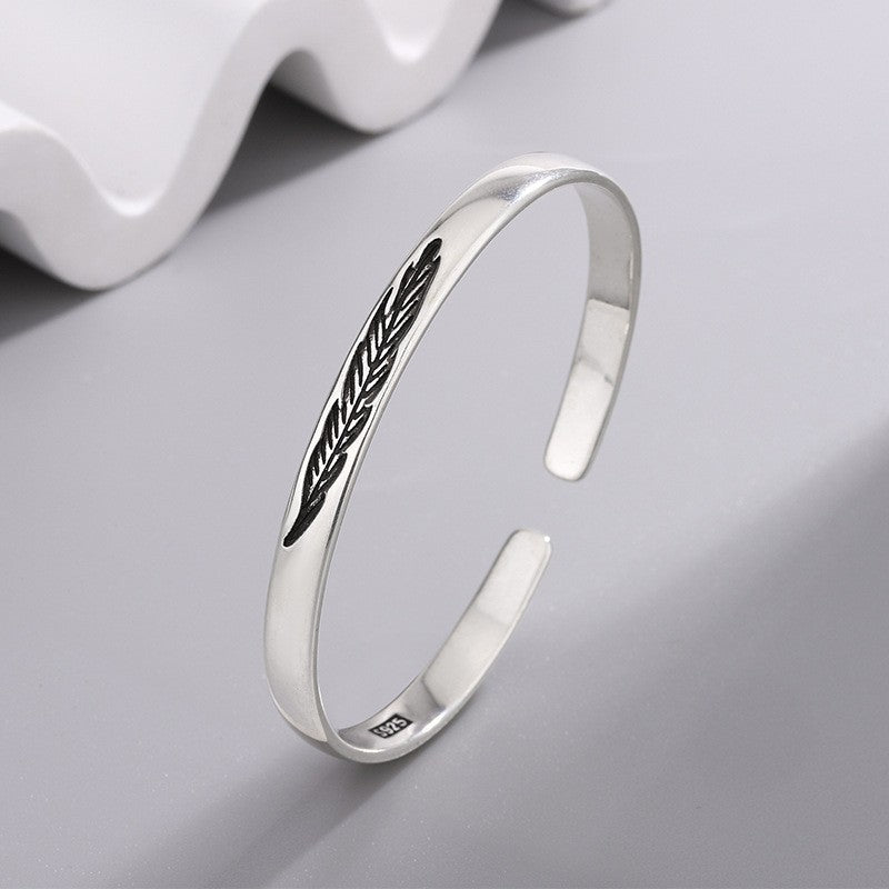 Pulseira Bracelete de Prata Esterlina 925 Pena Flor Dourada Vintage Punk Para Mulheres Homens Joias da Moda Presente Dropship Atacado