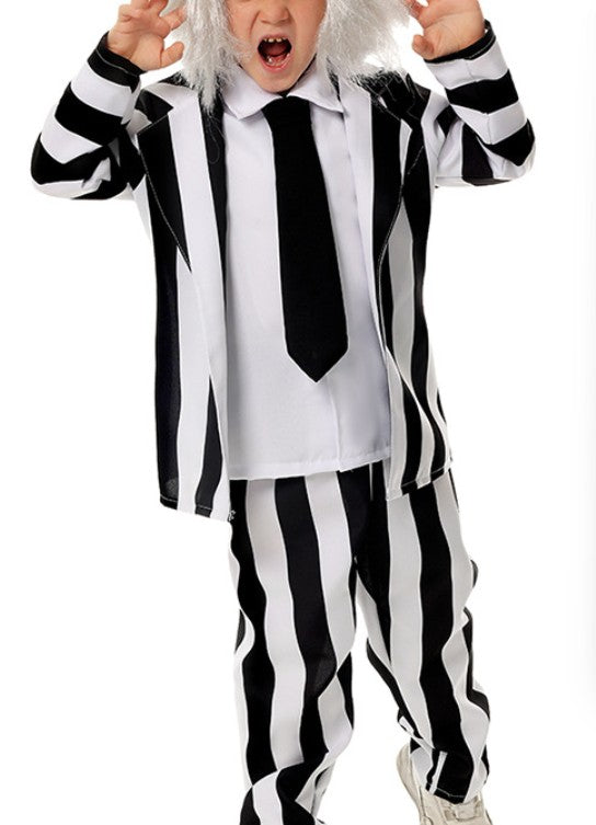 Miccosts Adult Kids Black and White Vertical Stripes Jacket Suit With Tie Halloween Infernal Master Cosplay Costume For Boy Men